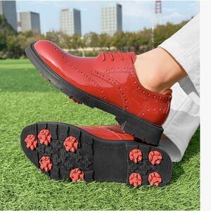 Threston Mens 12 Red Fashion Golf Shoes Outdoor Leather Formal Spiked Golfing